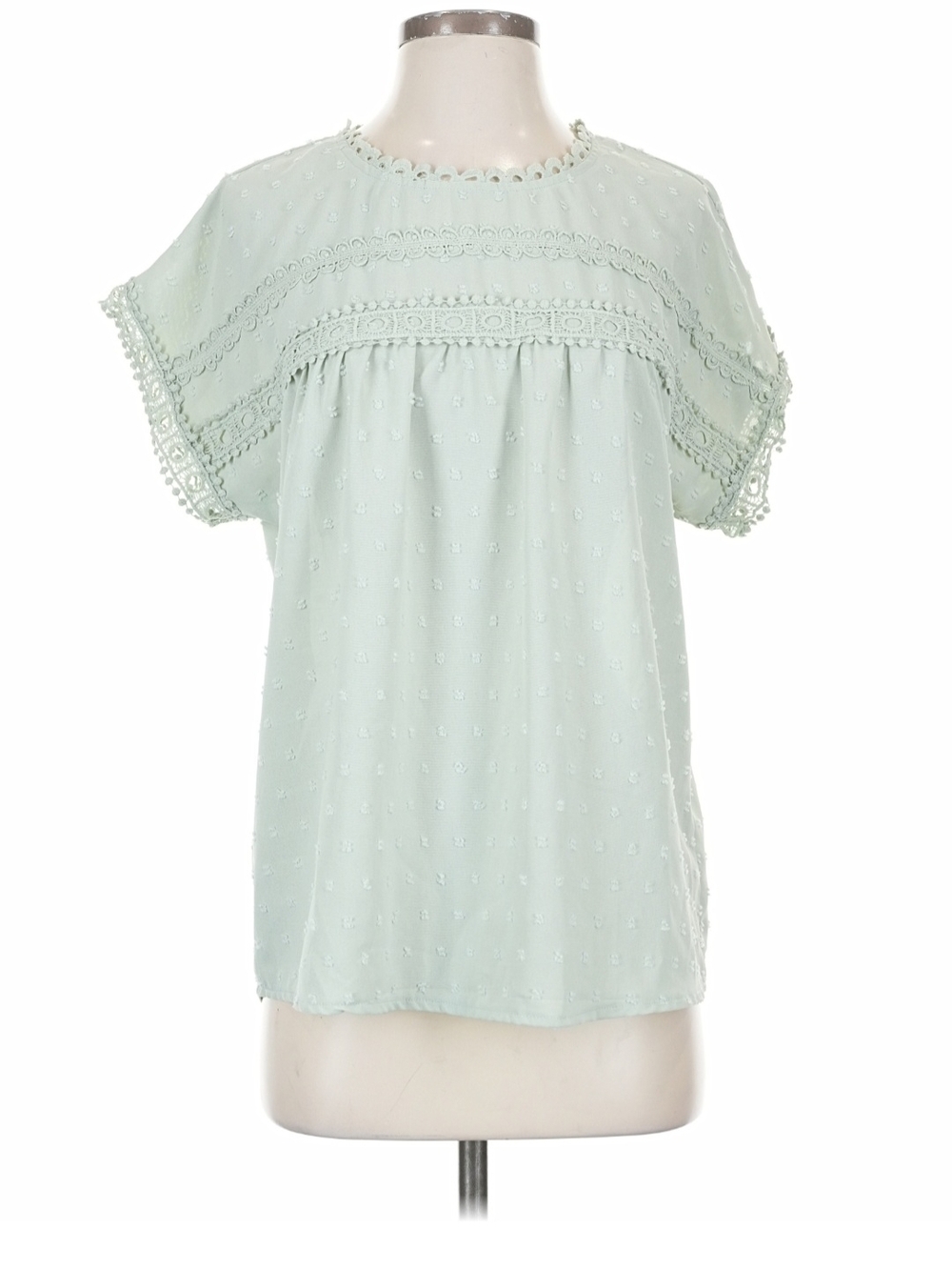 Light Sage Crochet-Trim Ruffle Short Sleeve Blouse